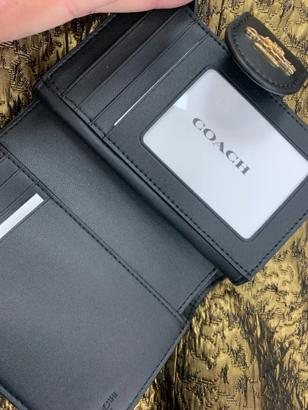Coach Men's Brown and Black Signature Card Holder Wallet with Gold Logo